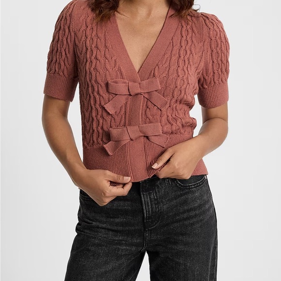 Express Ginger Colored Cable Knit Double Bow Short Sleeved Cardigan - Picture 1 of 10